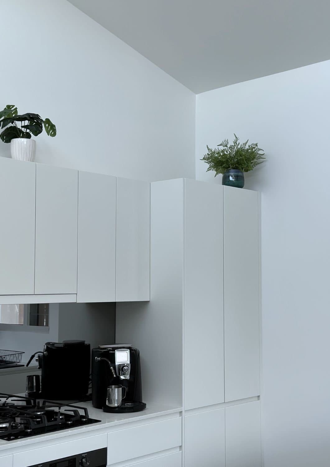 White kitchen with island and highlight cabinetry